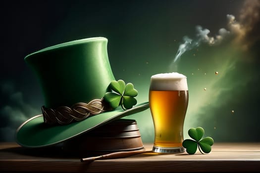 Abstract green background for St. Patrick's Day, hat decorated with shamrock leaves. AI generated image.