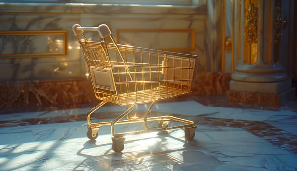 A shopping cart is resting on a hardwood floor in a beautifully designed building with marble facade and glass windows