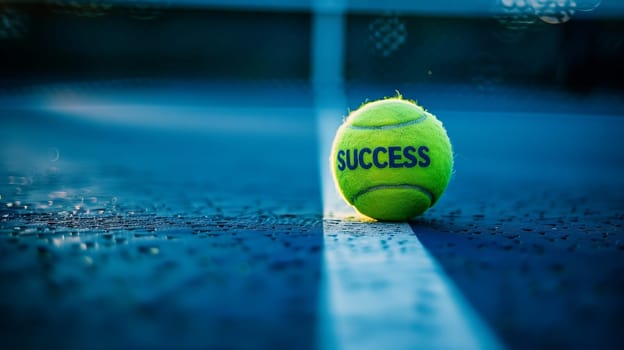 A tennis ball with the word success on it is placed on a tennis court, surrounded by green grass. The font stands out against the vibrant colors, symbolizing achievement in the world of sports