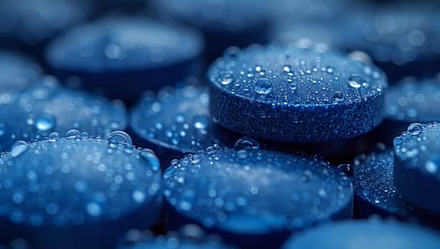 A macro photography shot of an electric blue pill with water drops, creating a freezing and mesmerizing pattern on the circular surface