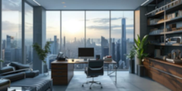 A softly blurred image of a high-rise office with a panoramic city view during dusk, showcasing the glow of a setting sun against skyscrapers. Resplendent.