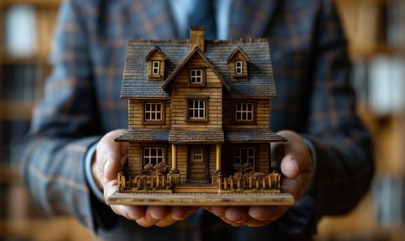 A man in a suit and tie is holding a scale model house in his hands, showcasing the intricate details of the facade and windows