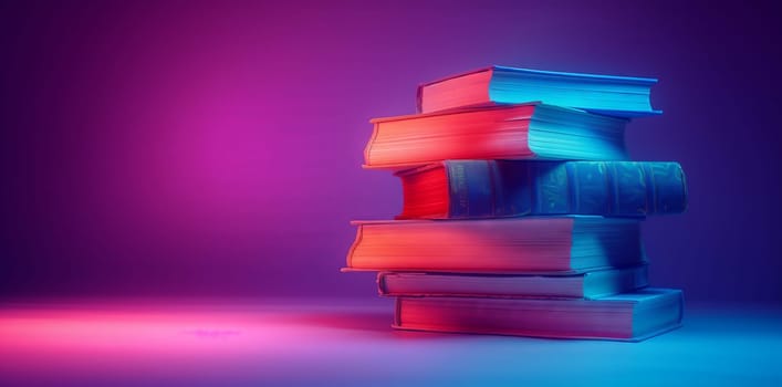 A stack of books in tints and shades of purple and pink, resembling a vibrant art piece. The electric blue cover stands out against the violet hues