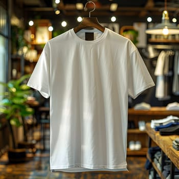 A white tshirt, part of the sportswear collection, is displayed on a clothes hanger in a store. The tshirt features a collar, sleeve, and stylish fashion design
