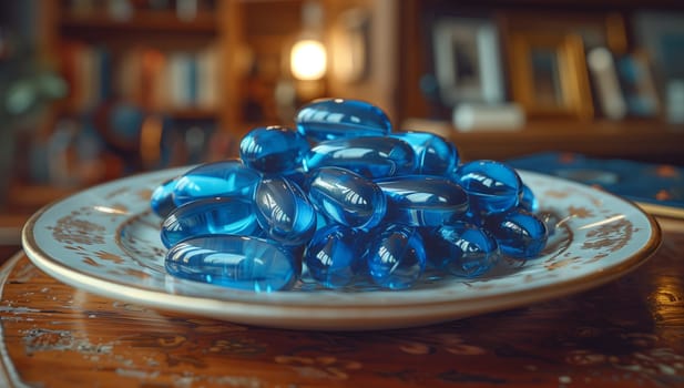Aquacolored marbles rest on a glass table, resembling fluid water droplets. The electric blue hue adds a touch of fashion accessory to the cuisineinspired display