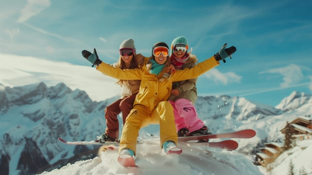 A group of people is smiling on top of a snowy mountain, enjoying the breathtaking landscape and clear sky. They are in helmets, ready for leisure and recreation during their travel