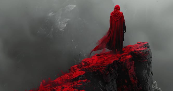 A man in a red cape stands on the edge of a cliff overlooking a volcanic landscape. Smoke and heat rise from a fissure vent, creating a breathtaking view of the geological phenomenon