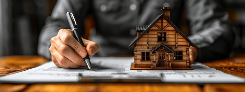 a man is signing a document with a model house in the background . High quality