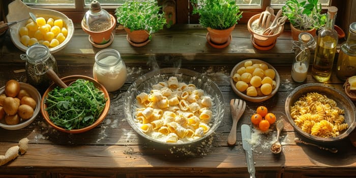 Classic Pasta on kitchen background. Diet and food concept