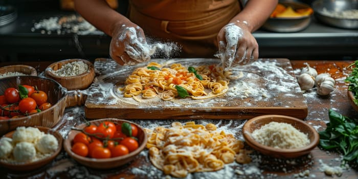 Classic Pasta on kitchen background. Diet and food concept