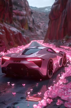 A sleek magenta sports car cruises through a landscape filled with pink flowers, contrasting beautifully against the surrounding scenery