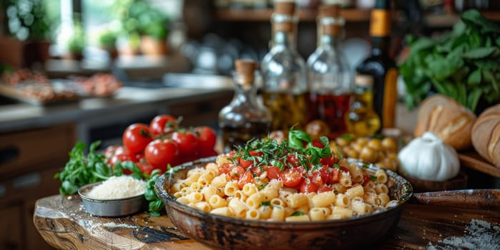 Classic Pasta on kitchen background. Diet and food concept