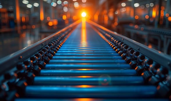 A close up of a conveyor belt in a factory, with electric blue lighting creating a symmetrical pattern. The city skyline in the horizon adds to the futuristic technology event