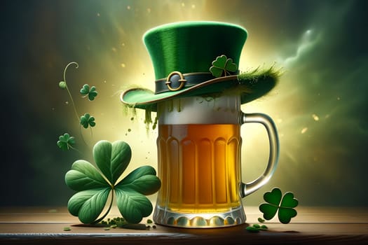 Abstract green background for St. Patrick's Day, beer and hat decorated with shamrock leaves. AI generated image.