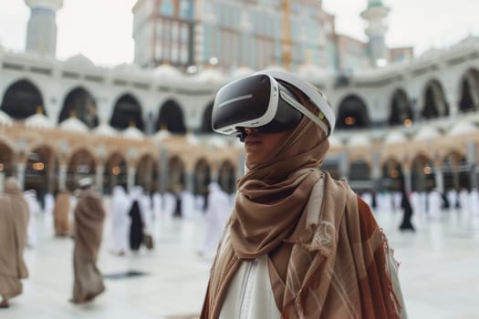 A woman explores virtual realms using a VR headset amidst the architectural grandeur of a bustling historical site. Merging technology with tradition, she steps into another world