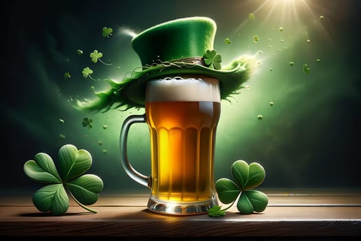 Abstract green background for St. Patrick's Day, beer and hat decorated with shamrock leaves. AI generated image.