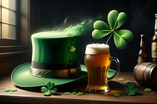 Abstract green background for St. Patrick's Day, beer and hat decorated with shamrock leaves. AI generated image.