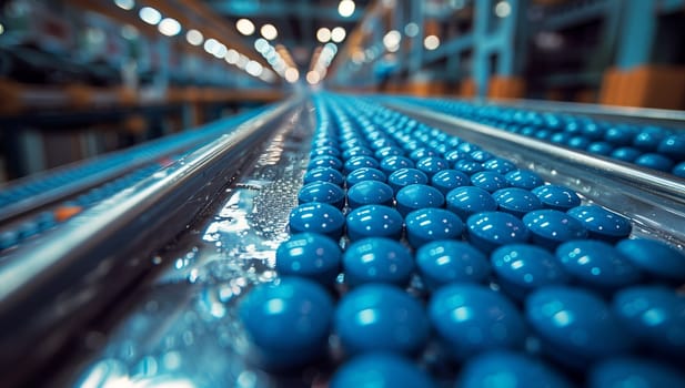 An electric blue conveyor belt filled with liquid blue balls is part of the mass production line in a factory utilizing aqua technology and electronic devices