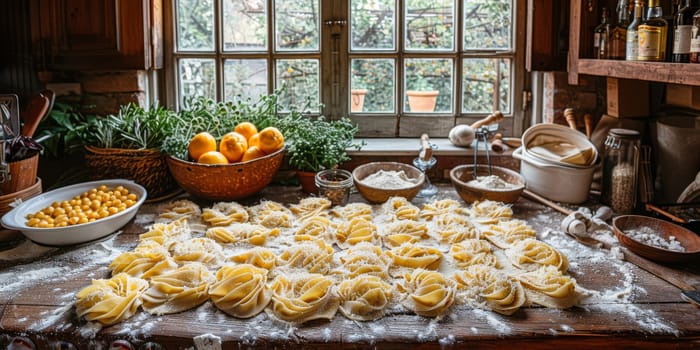 Classic Pasta on kitchen background. Diet and food concept