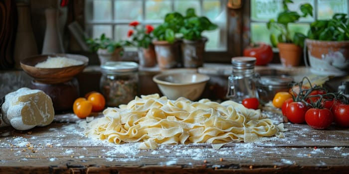 Classic Pasta on kitchen background. Diet and food concept