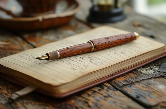 A fountain pen rests on a notebook atop a hardwood table. The table is made of stained wood planks, showcasing the beauty of wood as a versatile and timeless material