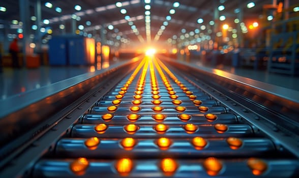 An electric conveyor belt in a factory, illuminated by natural sunlight shining through. The blending of technology and natural lighting creates a symmetrical and modern setting
