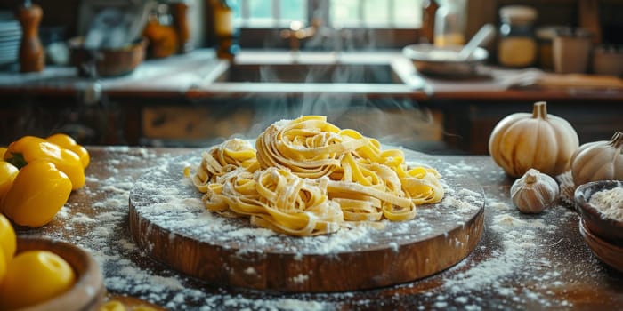 Classic Pasta on kitchen background. Diet and food concept