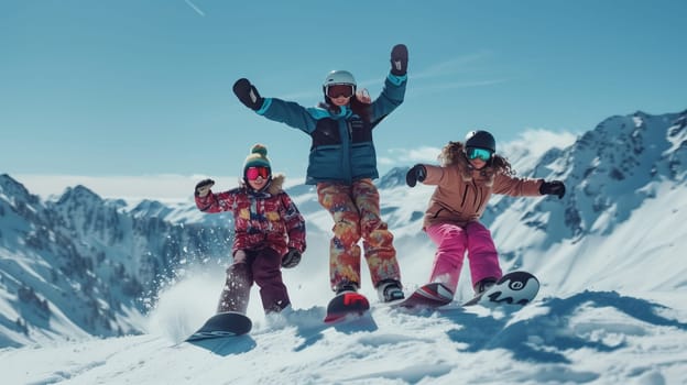 A group of happy people in shorts are snowboarding on top of a snowcovered mountain, enjoying the beautiful sky and water views while smiling and gesturing in pure leisure and fun