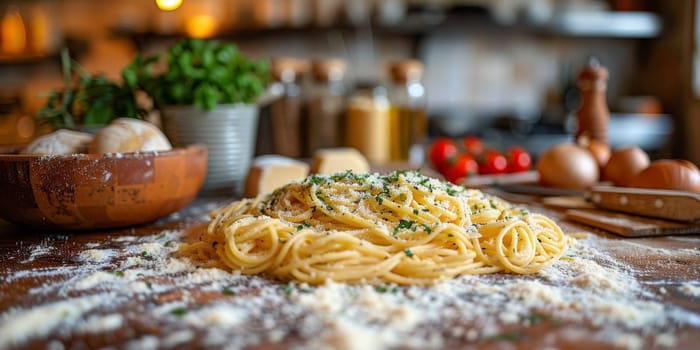 Classic Pasta on kitchen background. Diet and food concept