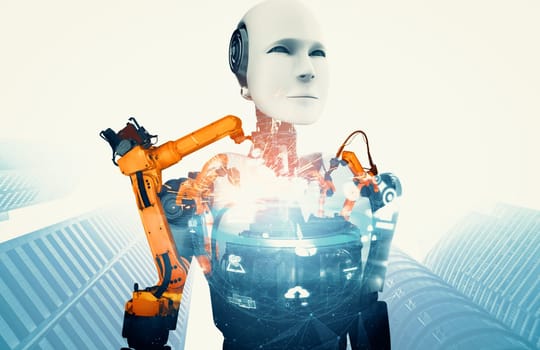 XAI Mechanized industry robot and robotic arms double exposure image. Concept of artificial intelligence for industrial revolution and automation manufacturing process in future factory.