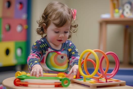 A young child laughs joyously during an early intervention play session, surrounded by educational toys. The bright room setting underscores the joy and vibrancy of early education.