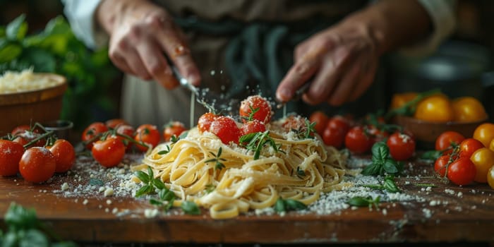 Classic Pasta on kitchen background. Diet and food concept