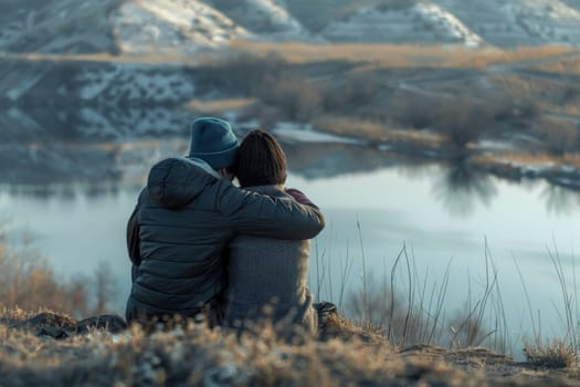 Two friends sit closely on a hill, overlooking the serene waters of a lake. They share a moment of quiet companionship in a scenic landscape