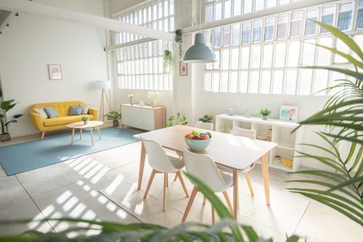 Interior design featuring a yellow couch, table, and chairs in a living room industrial loft. High quality photo