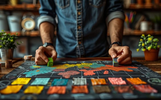 A man is enjoying leisure time playing a board game on a wooden table indoors. He is sharing fun and excitement with a group while using a poker set