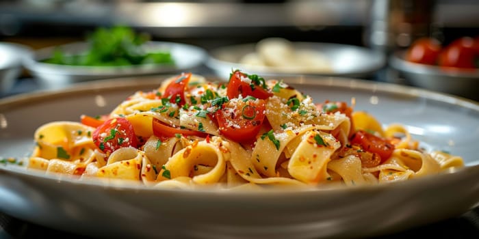 Classic Pasta on kitchen background. Diet and food concept