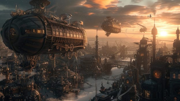 Fantasy steampunk airships float amongst clouds against a dramatic sunset backdrop, evoking adventure and exploration. Resplendent.