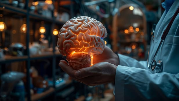 The doctor is examining an electric blue model of a human brain, exploring the intricacies of this complex organ through the lens of science and art