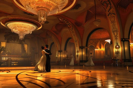 An art deco inspired ballroom from the 1920s, with elegant dancers and lavish decor. Resplendent.