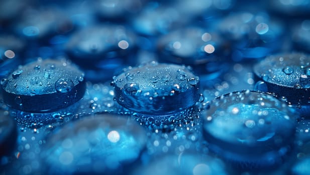 A macro shot capturing liquid droplets on an electric blue surface, resembling dew on a petal. The pattern creates a stunning fashion accessorylike effect