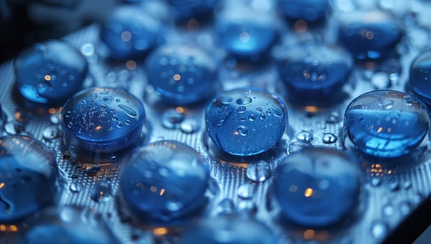 A close up of a computer keyboard with water drops on it, creating a beautiful pattern of liquid circles in electric blue hues, resembling art on glass