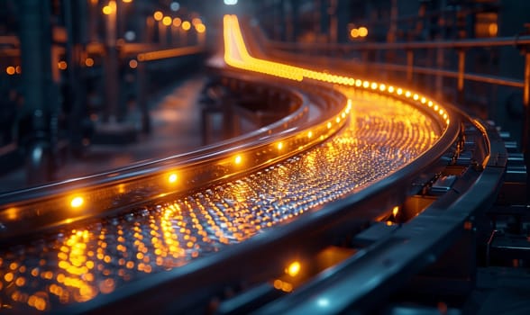 An Automotive lighting conveyor belt with Amber lights in a factory, resembling a thoroughfare in a metropolis with asphalt, electrifying the landscape