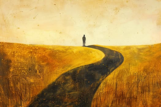 A lone figure stands at a crossroads on a desolate landscape, contemplating the divergent paths under a vast, textured sky. The artwork symbolizes choice and the uncertainty of the future.