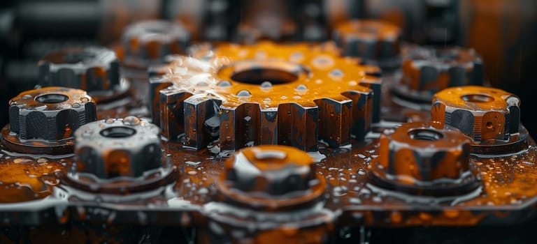 A closeup of a rusty gear with nuts and bolts, resembling a fashion accessory in an industrial setting. The metal landscape adds character to the building