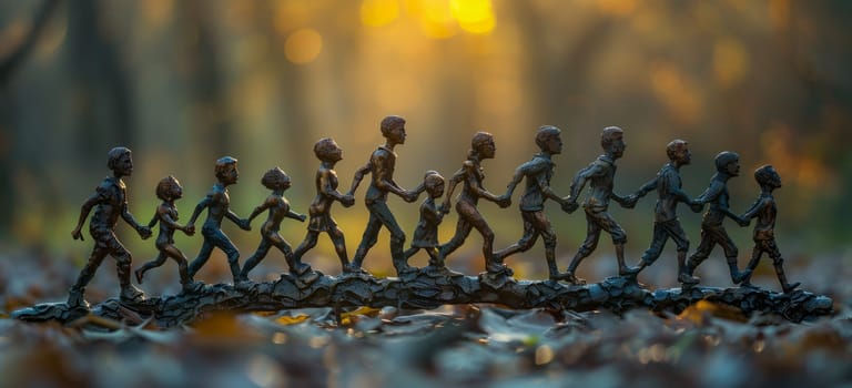 A team of people holding hands is crossing a wooden bridge over water, creating a beautiful scene for macro photography. The crowd moves in unison, like a work of art in motion