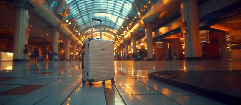 A traveler is navigating through the airport, pushing a suitcase down the welllit hallway towards their next destination