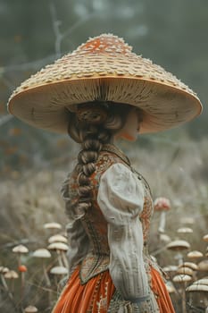 An artistic woman adorned with a mushroom headgear stands gracefully amidst a natural landscape of mushrooms in a serene field