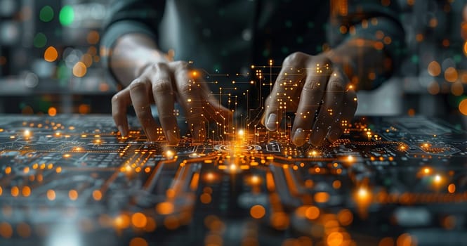 The chef at the event is quickly typing up the new dish menu on a metal keyboard with sparks flying from the keys, creating a sense of urgency and excitement in the kitchen