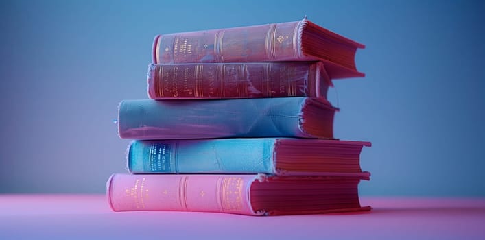 A stack of books in various colors like violet, electric blue, and magenta sit on a table, showcasing different fonts on their plastic covers