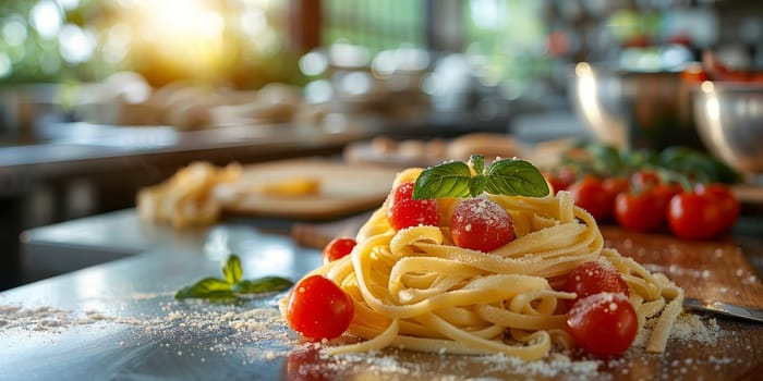 Classic Pasta on kitchen background. Diet and food concept